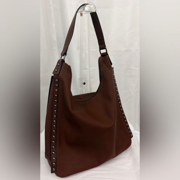 Marion Studded Chocolate Brown Soft Vegan Leather Hobo Bag with Extra Strap NWT - Picture 5 of 9